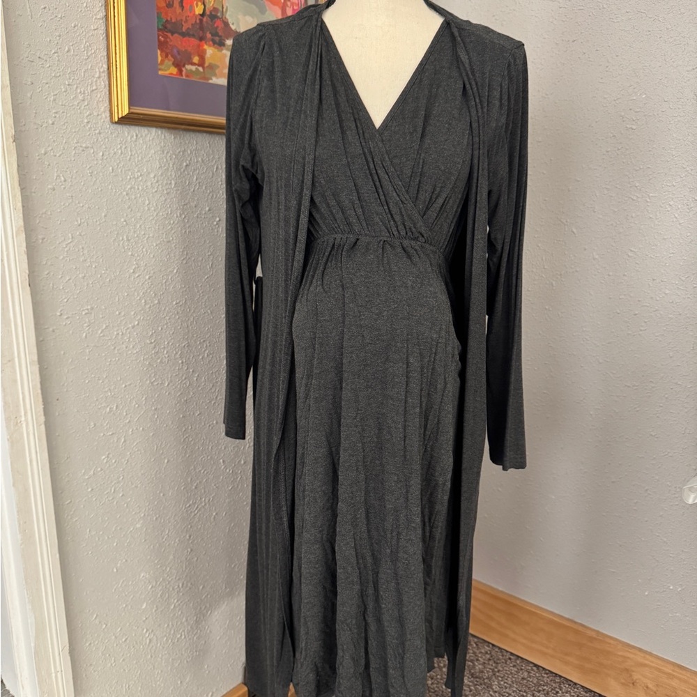 Elegant Gray Wrap Dress - Maternity Hospital Gown - Postpartum - Breastfeeding